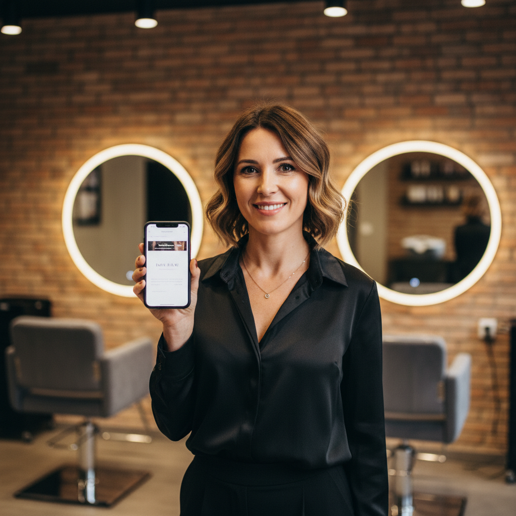 Salon owner showing business website in upscale salon
