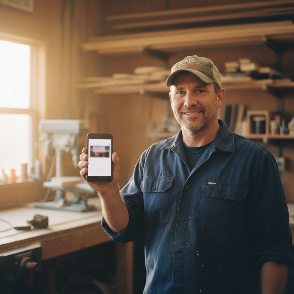 Contractor showing mobile website in workshop