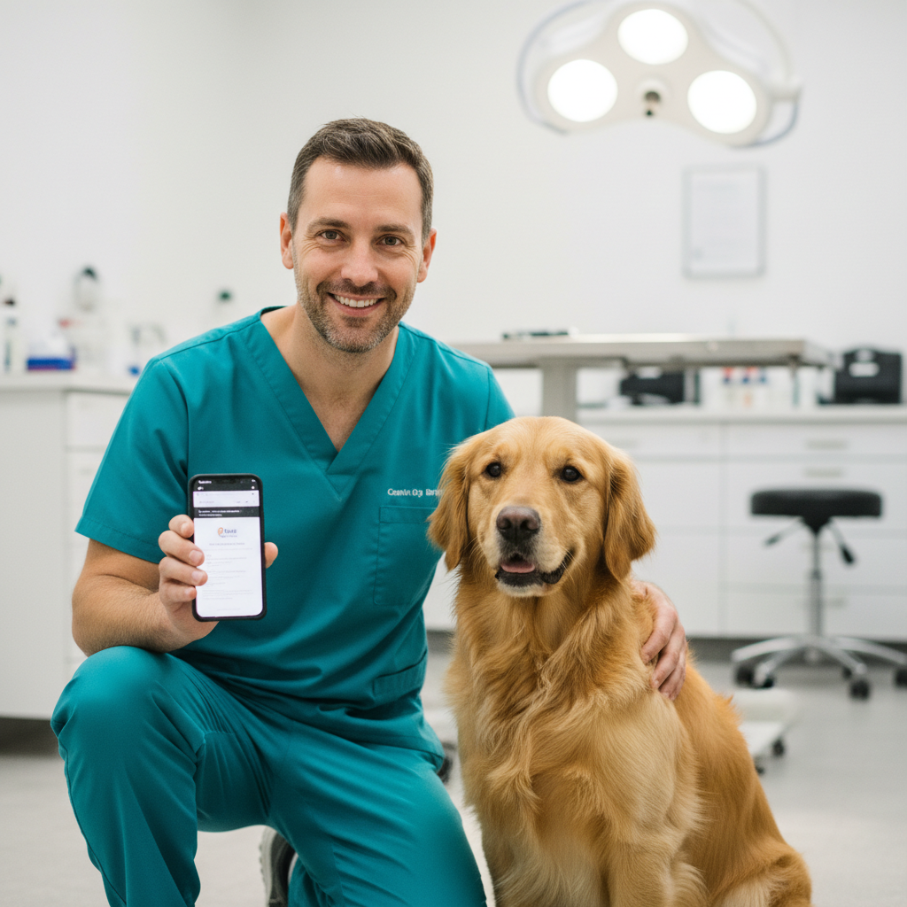 Veterinarian showing clinic website with golden retriever